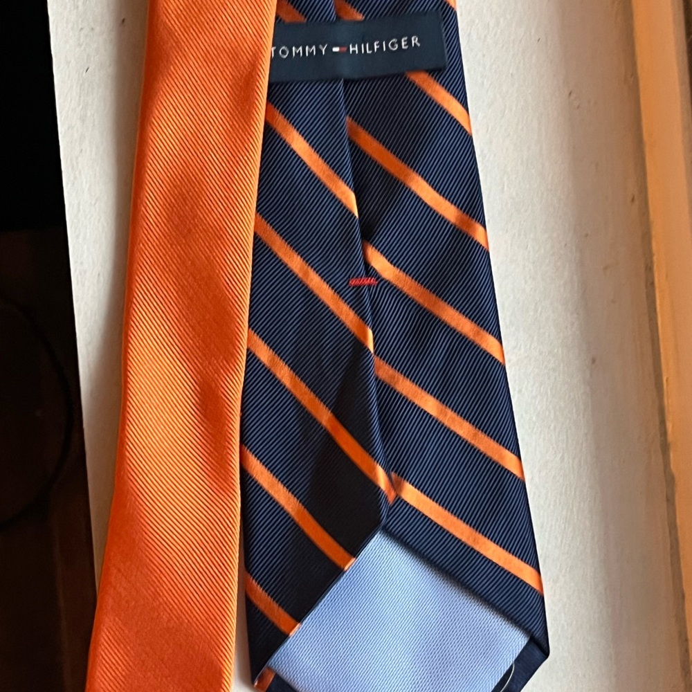Tommy Hilfiger Navy and Orange Striped Tie - Picture 3 of 4